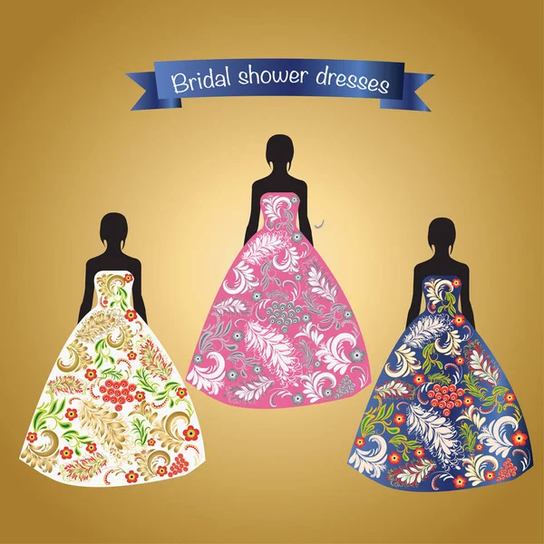 Trois belles robes romantiques de mariée ou de soirée . — Image vectorielle