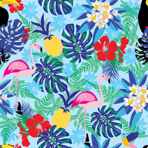 フラミンゴ、パイナップル、オオハシ モンステラと装飾的なパターン — ストックベクタ