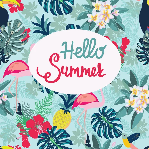 Hintergrund mit Flamingo, Ananas, Tukan und Hallo Sommer — Stockvektor