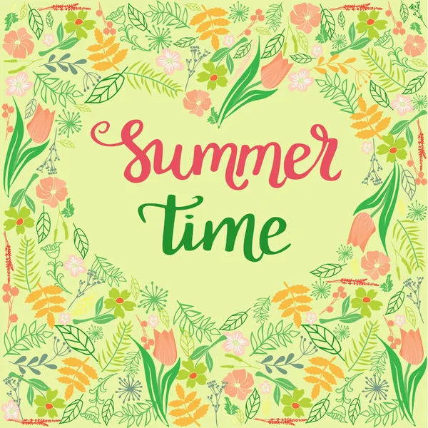 花の枠にカラフルな花柄のハート、夏の時間 — ストックベクタ