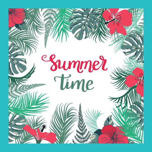 Tropischen Hintergrund mit Sommerzeit Text. — Stockvektor