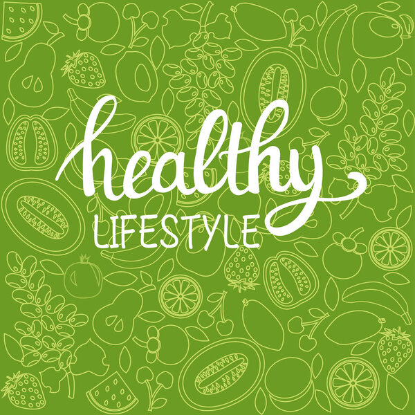 background healthy food poster or banner with hand drawn fruits 