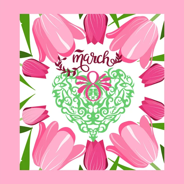 Cadre floral avec texte 8 Mars carte de vœux vectoriel floral . — Image vectorielle
