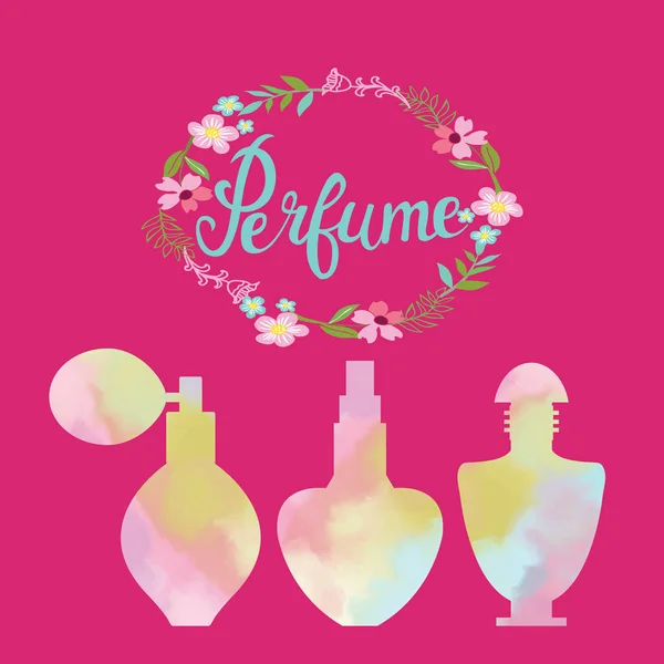 Cadre de fleurs avec texte parfum et bouteilles de parfum aquarelle — Image vectorielle