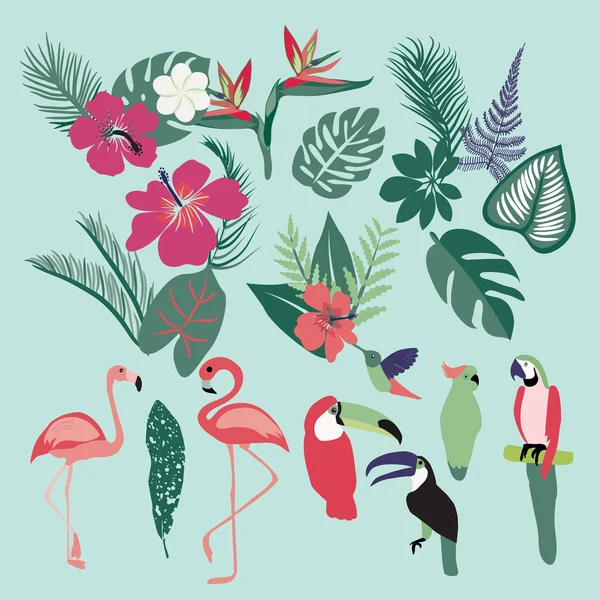 Palm leaves, tropical plants, flowers, leaves, birds, flamingo