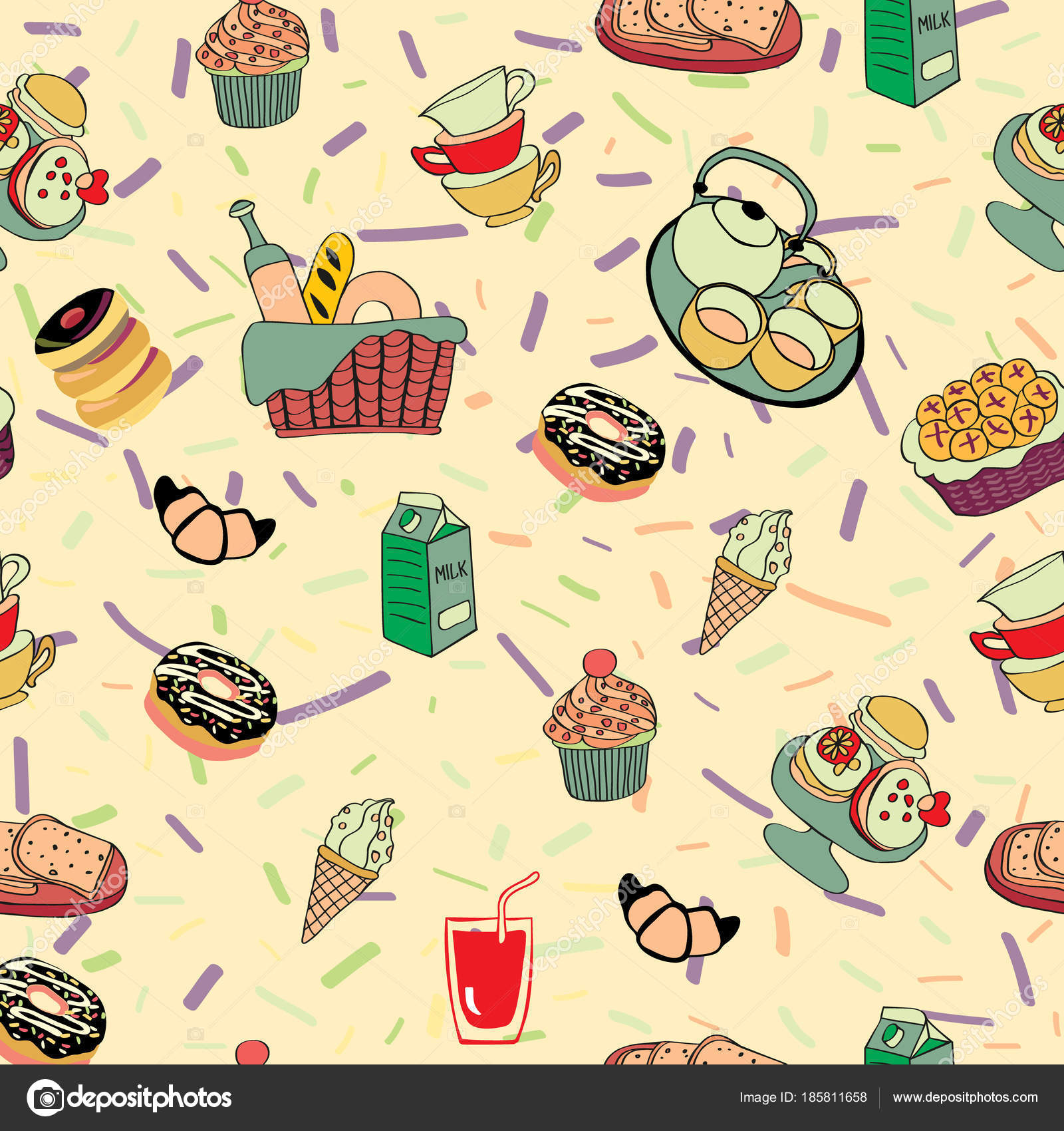 Cartoon handgetekende achtergrond met eten en drinken elementen