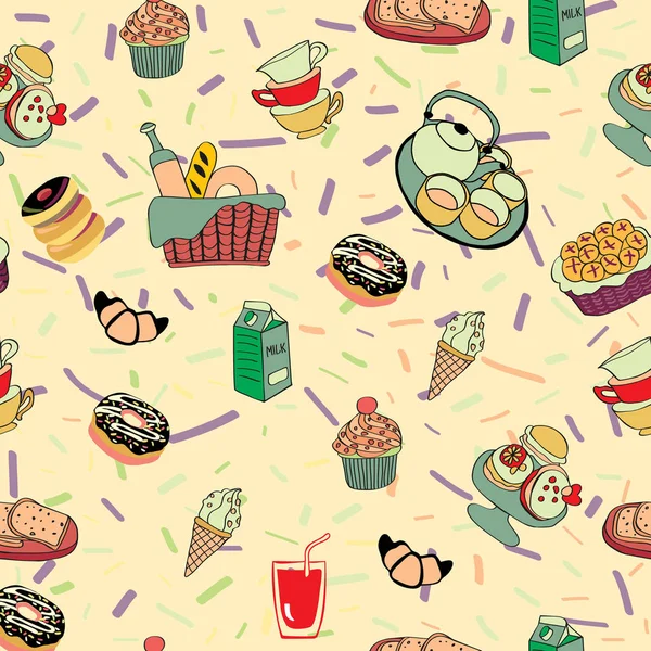 Yiyecek ve içecek elemanları ile çizilmiş karikatür arka plan — Stok Vektör