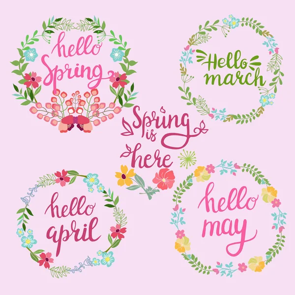 Handritad våren kransar med texten Hej våren, mars, April, kan — Stock vektor