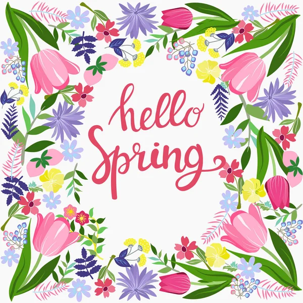 Hello Spring greeting card design with flowers and text in frame — Stock Vector