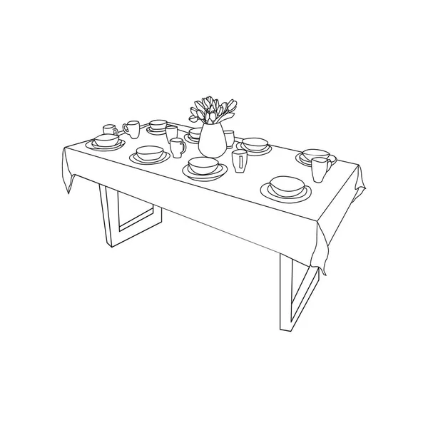 Mesa aislada y vajilla, en el jarrón de la mesa de tulipanes flor — Vector de stock