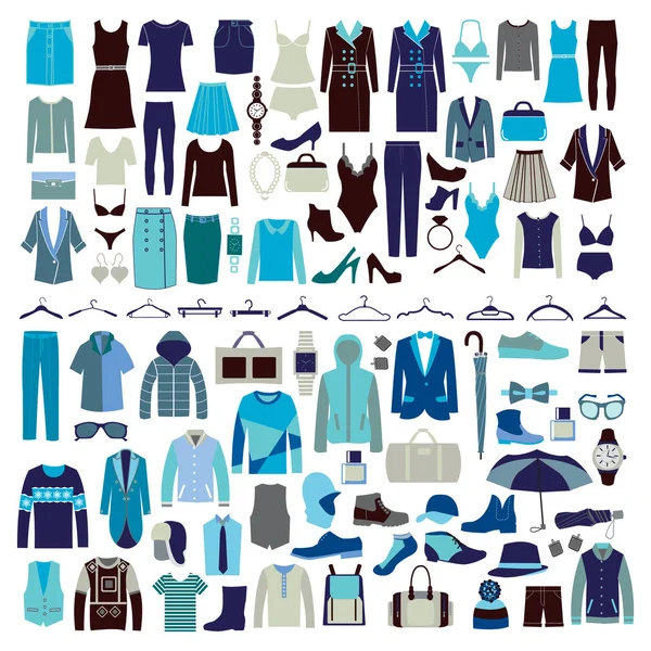 Men and women clothes vector icon set. — Stock Vector