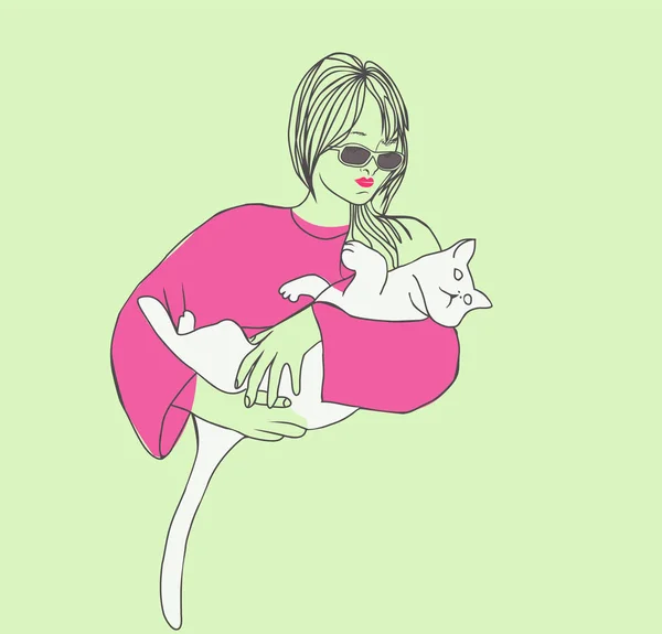 猫と若い美しい女性をスケッチします。. — ストックベクタ