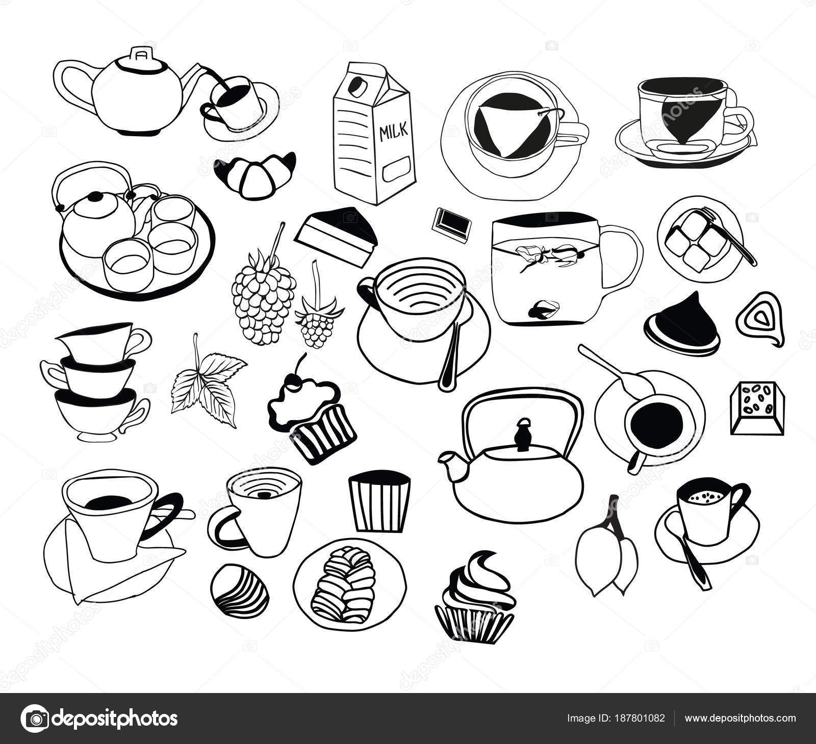 Collection of hand drawn sketches on the theme of tea teapots cups other utensils and daily product