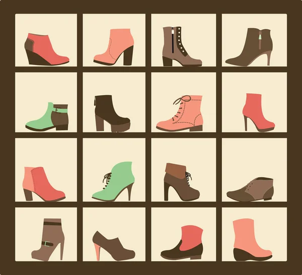 Colección de zapatos en los estantes de la tienda . — Vector de stock