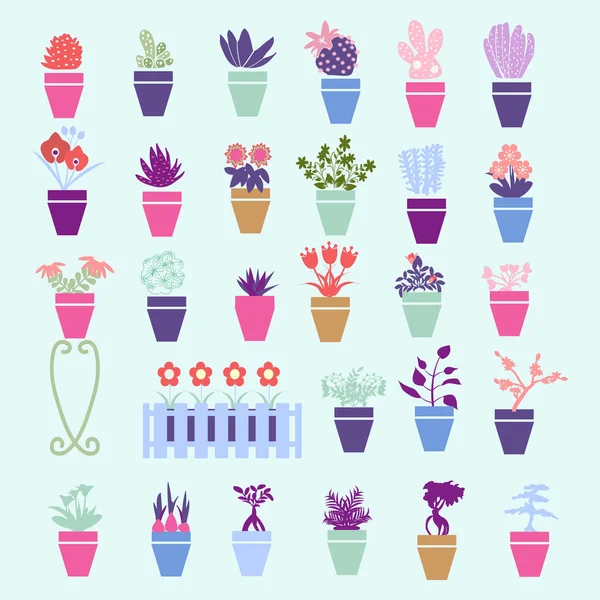 Collection silhouette colorée de jardin, fleurs de maison et d'herbes — Image vectorielle