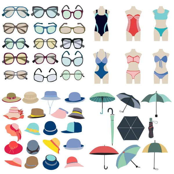 Icono de colección de accesorios de moda de verano en estilo plano — Vector de stock