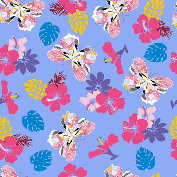花ハイビスカスと飛ぶ蝶のシームレスな熱帯パターン — ストックベクタ