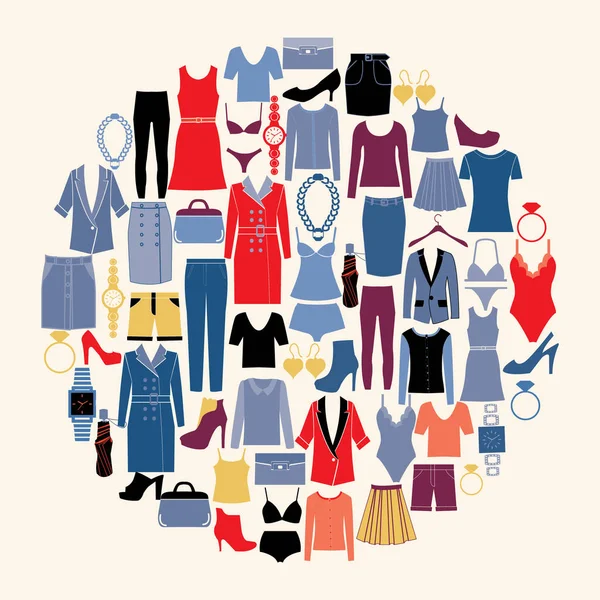 Set di abiti e accessori donna in stile piatto vettore — Vettoriale Stock