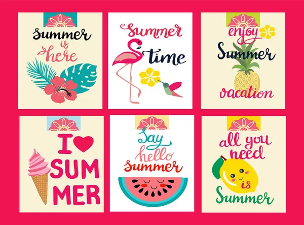 Karten mit sommerlichen Elementen, Thema Sommerurlaub, Reise, Strand — Stockvektor