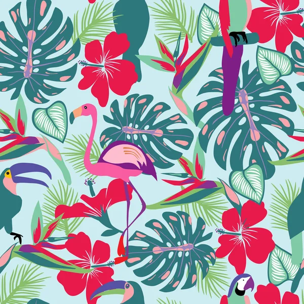 Тропические растения и цветы с туканом, попугаем, птицами фламинго — стоковый вектор