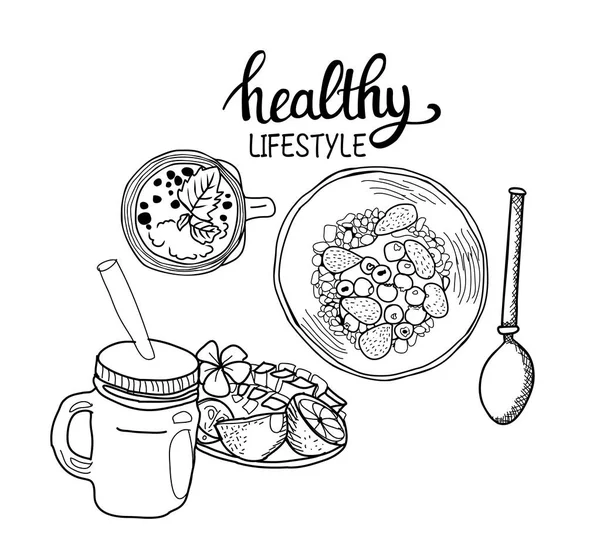 Gezond ontbijtgranen muesli Bowl, lepel en verse smoothie. — Stockvector