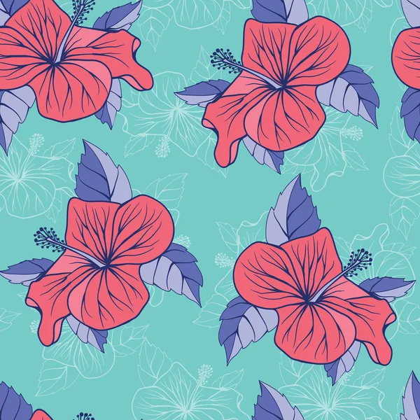 Flores tropicales hibisco exótico fondo decorativo sin costuras — Vector de stock