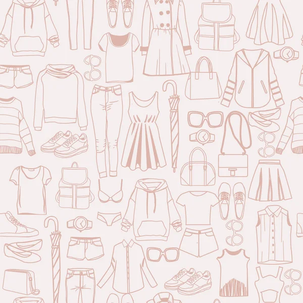 Modèle avec les femmes vêtements de mode et accessoires doodle backgr — Image vectorielle