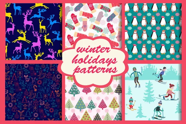 Conjunto de padrões sem costura Feliz Natal e tema de ano novo —  Vetores de Stock