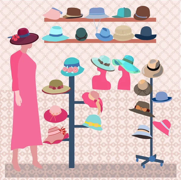 Cappelli moderni negozio internoCollezione eleganti cappelli estivi — Vettoriale Stock