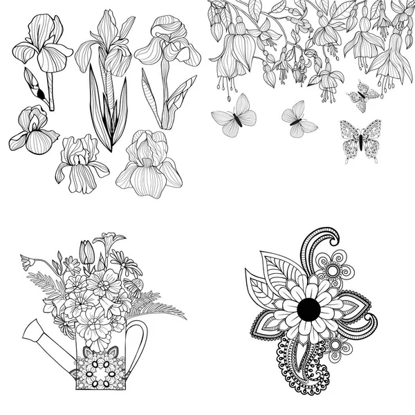 Illustration sertie de fleurs d'iris, fleurs de fuchsia et arrosage — Image vectorielle