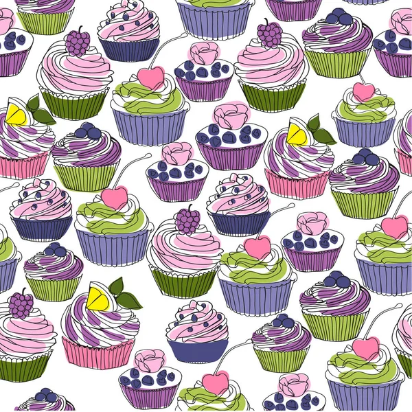 Outlined seamless pattern with cupcakes — Stok Vektör