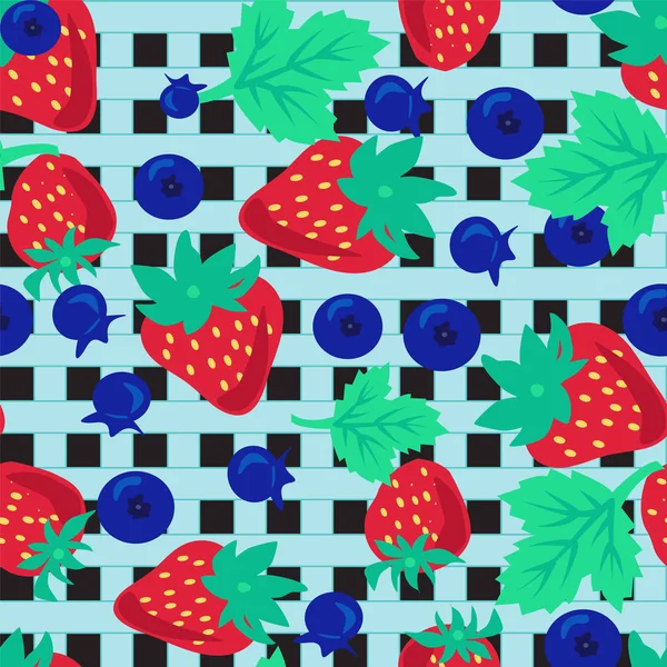 Erdbeeren und Blaubeeren auf kariertem Hintergrund. — Stockvektor