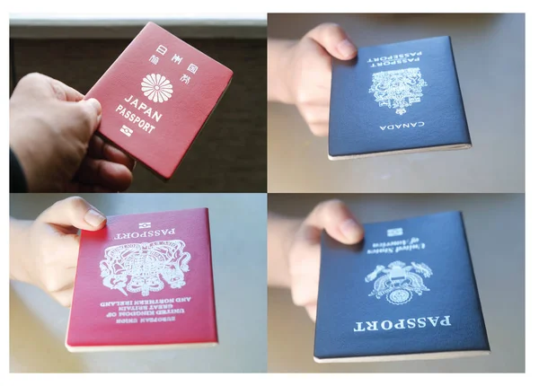 Pessoas mãos segurando passaportes dos Estados Unidos, Canadá, Japão — Fotografia de Stock