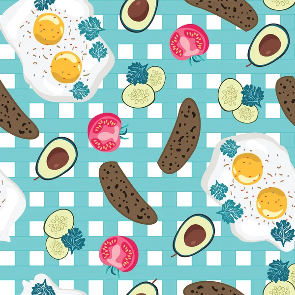 煎蛋、黑麦面包和蔬菜背景 — 图库矢量图片