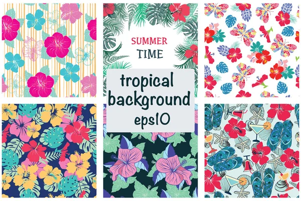 Set of Seamless decorative pattern with hibiscus and tropical — Stock Vector