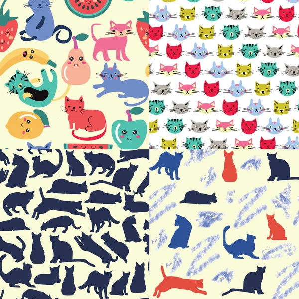 Conjunto de patrones sin costura con divertidos gatos de dibujos animados en vector . — Vector de stock
