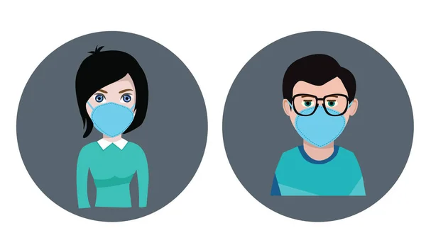 Masque respiratoire vectoriel sur masque de poussière de visage masculin et féminin . — Image vectorielle