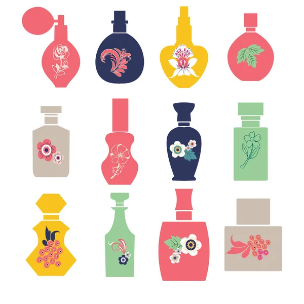Ensemble Vectoriel Avec Silhouette Vintage Cosmétique Flacons Parfum Aux Herbes — Image vectorielle