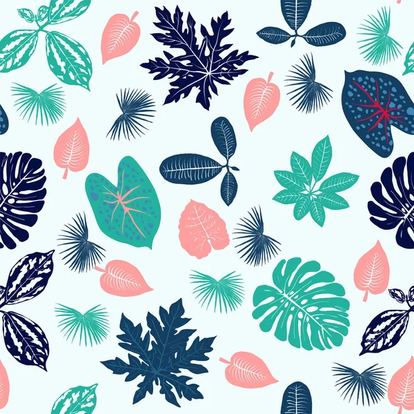Vector Tropical Plants Leaves Seamless Pattern White Background — ストックベクタ