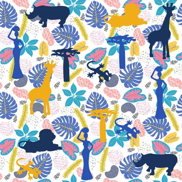 Vector Hand drawn Cute Tropical seamless leaves and Animals silhouette at the savannah pattern. — Stock Illustration Vector Hand Drawn Cute Tropical Seamless Leaves Animals Silhouette Savannah Royalty Free Stock Vectors