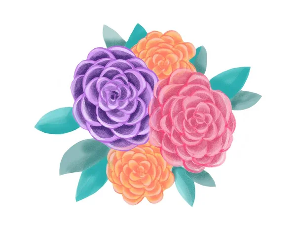 Ilustración Floral Decorativa Composición Botánica Romántica Hermosas Rosas Florecientes Flores — Foto de Stock