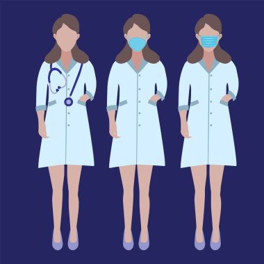 Doktor Karakteri Vektör kümesi. Resimli Kadın Meslek Doktorları cerrahi maskeli ve fonendoskoplu hemşireler. Coronavirus kavramını durdur.  