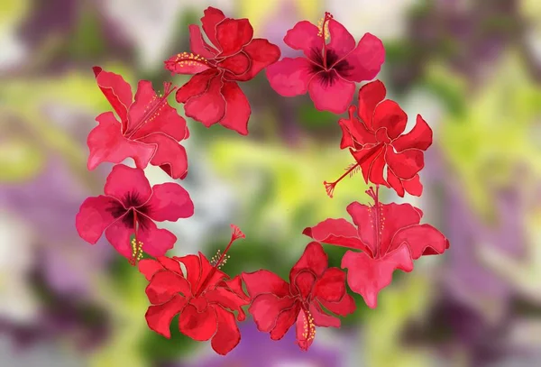 Akvarell Gyönyörű Koszorú Virágok Virágos Hibiszkuszok Elmosódott Háttérrel Természetes Háttér — Stock Fotó