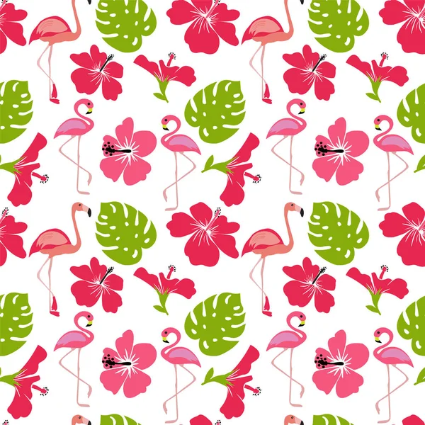 Vektor Muster Von Monstera Blättern Flamingo Blumen Hibiskus Blume Hawaii — Stockvektor