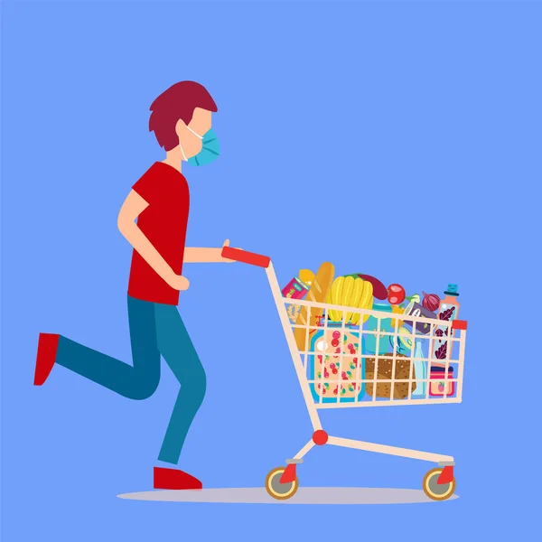 Man Wearing Surgical Mask Pushing Supermarket Shopping Cart Full Groceries — Stock Vector