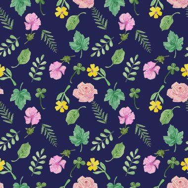 Çiçek toplayan yaprakları ve çiçekleri olan, el yapımı suluboya arka planda vektör botanik deseni. Davetiye, düğün ya da tebrik kartları için bahar ya da yaz tasarımı.