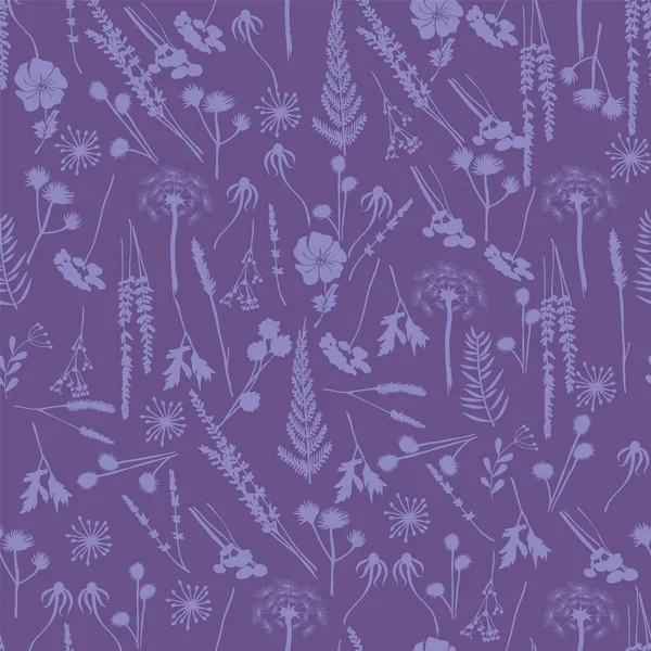 野生の花 ラベンダーと草原のハーブや草とベクトル植物シームレスパターン 手描きスタイルで生地デザインのための花紫色のテクスチャ — ストックベクタ