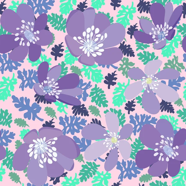 ベクトルハンドピンクの背景にハーブや花のパターンテクスチャを描きました 緑の葉と紫色の花シームレスベクトル ファッショナブルなハーブ壁紙 — ストックベクタ