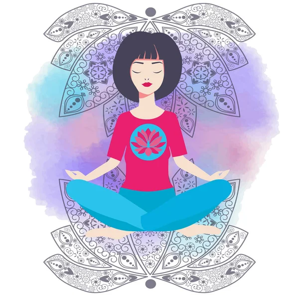 Ilustración Vectorial Con Chica Yoga Posición Loto Fondo Acuarela Con — Archivo Imágenes Vectoriales