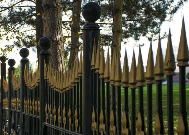 Yaldızlı tepeleri ve video kamerası olan demir çitler. Güvenlik sistemi. Sitenin sınırı